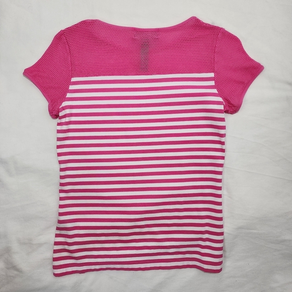 L-RL Lauren Active, Ralph Lauren Pink Fishnet Tshirt With Stripes - Picture 7 of 7